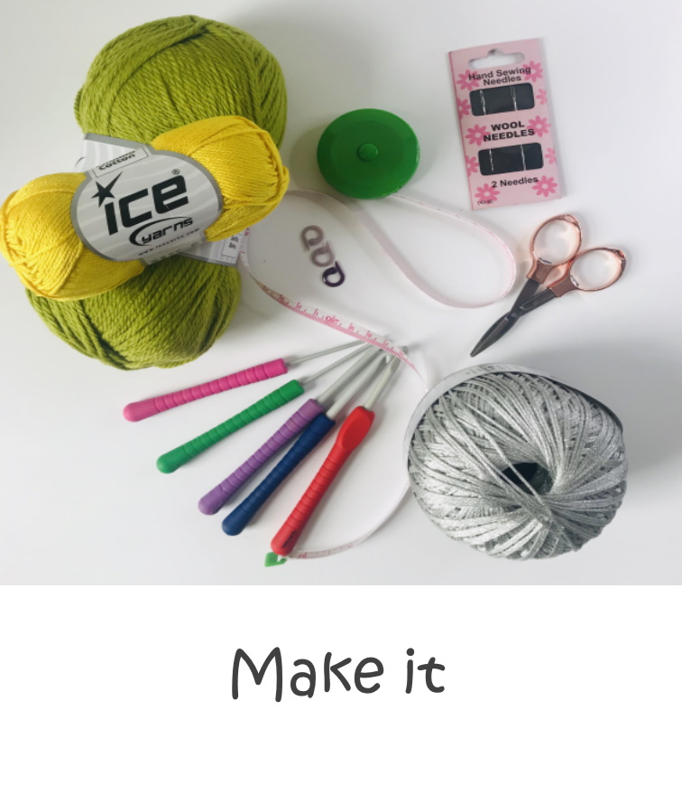 Various crochet tools like hooks, yarn, scissors and a tape measure.